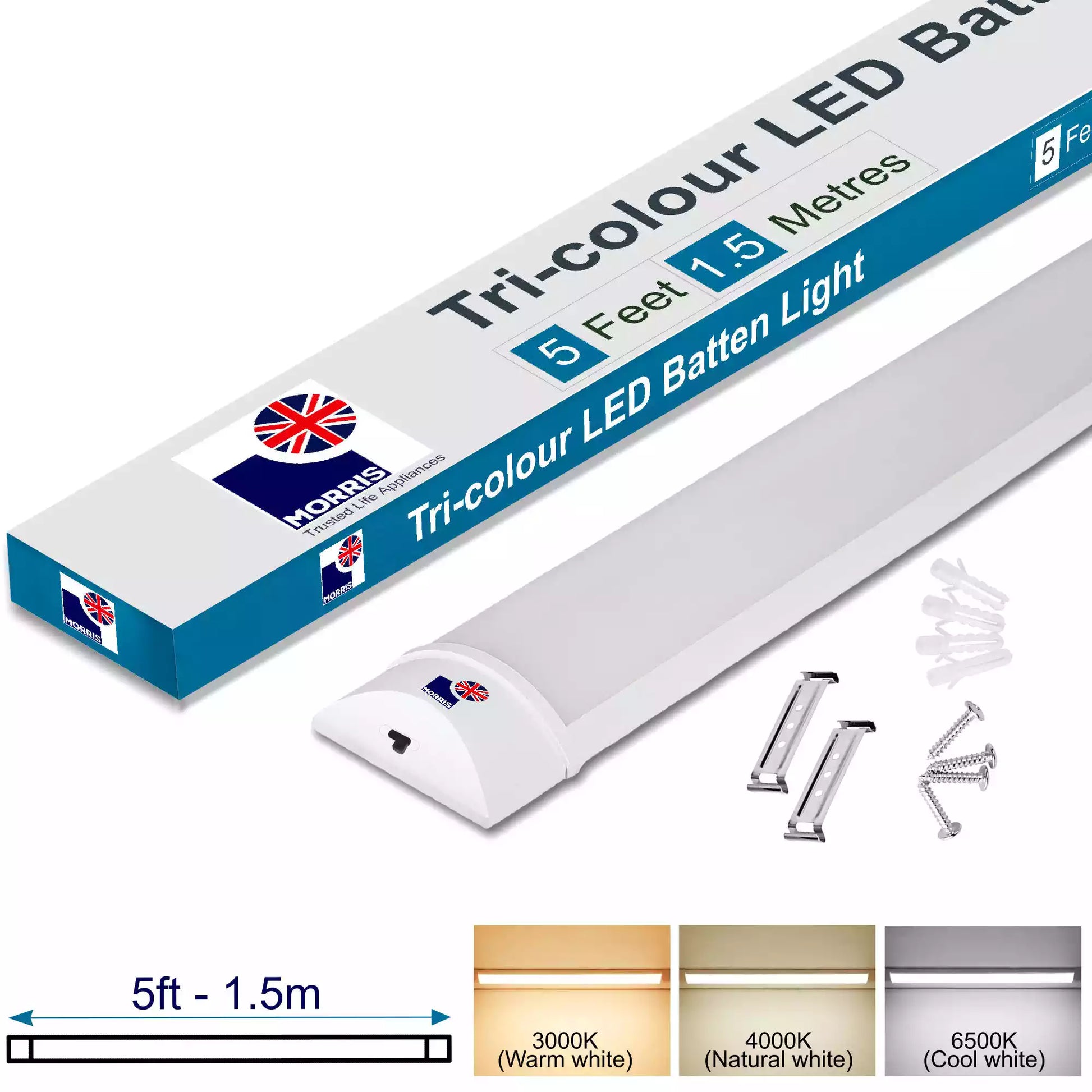 Morris 5ft tri colour led batten light single pack tri colour range