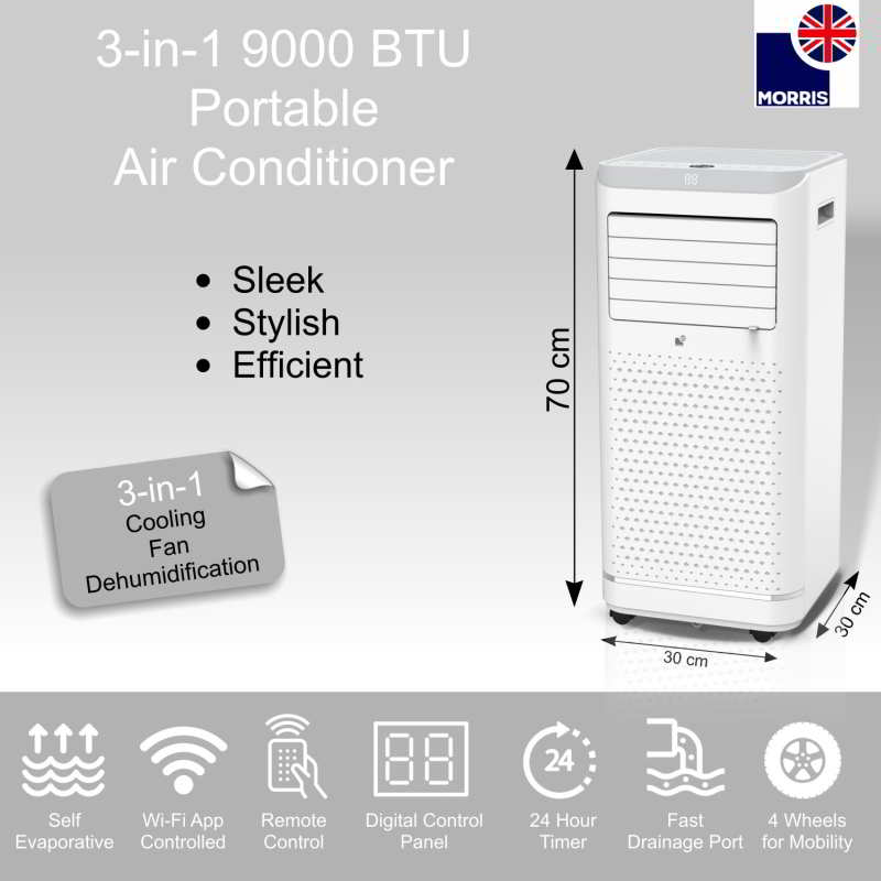 Morris 3-in-1 Portable Air Con Unit 9000btu, Dehumidifier & Fan