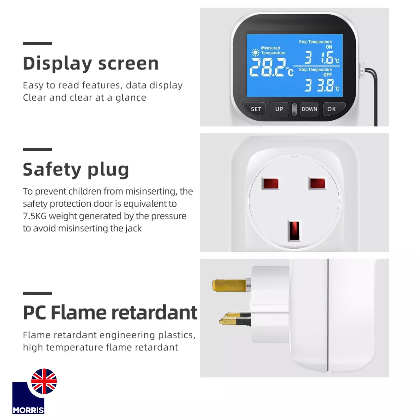 Morris Digital Thermostat for Tube Heater with Timer and Probe (UK Socket)