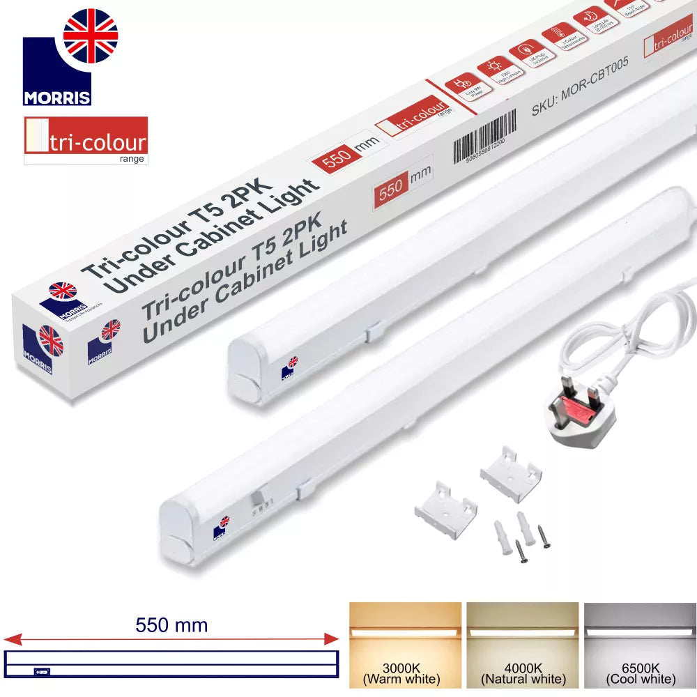 Morris LED T5 Under Cabinet Lights Tri-Colour (3CCT) Connectable 550mm (Twin Pack)