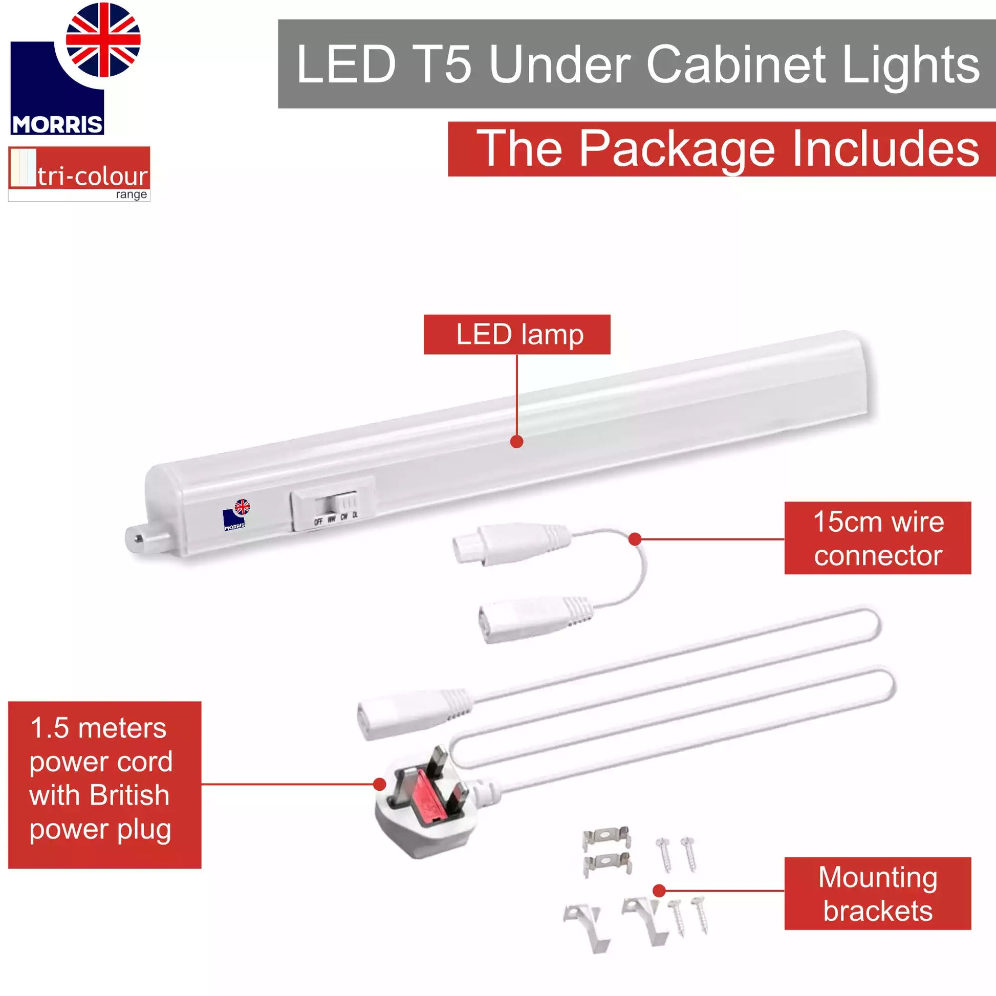 Morris tri-colour LED T5 under cabinet lighting 550mm what the package includes
