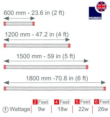 Morris 2ft coloured indoor & outdoor lights LED T8 in 4 sizes